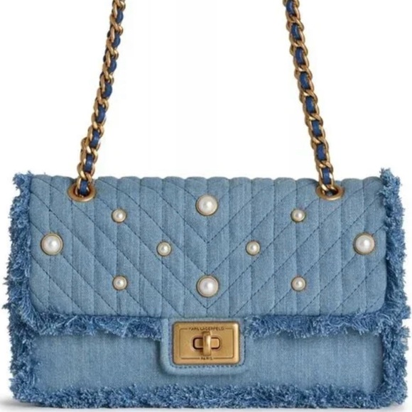 Karl Lagerfeld Handbags - Karl Lagerfeld Denim & Pearl Shoulder Bag, Frayed Sides, Gold Chain, NWT